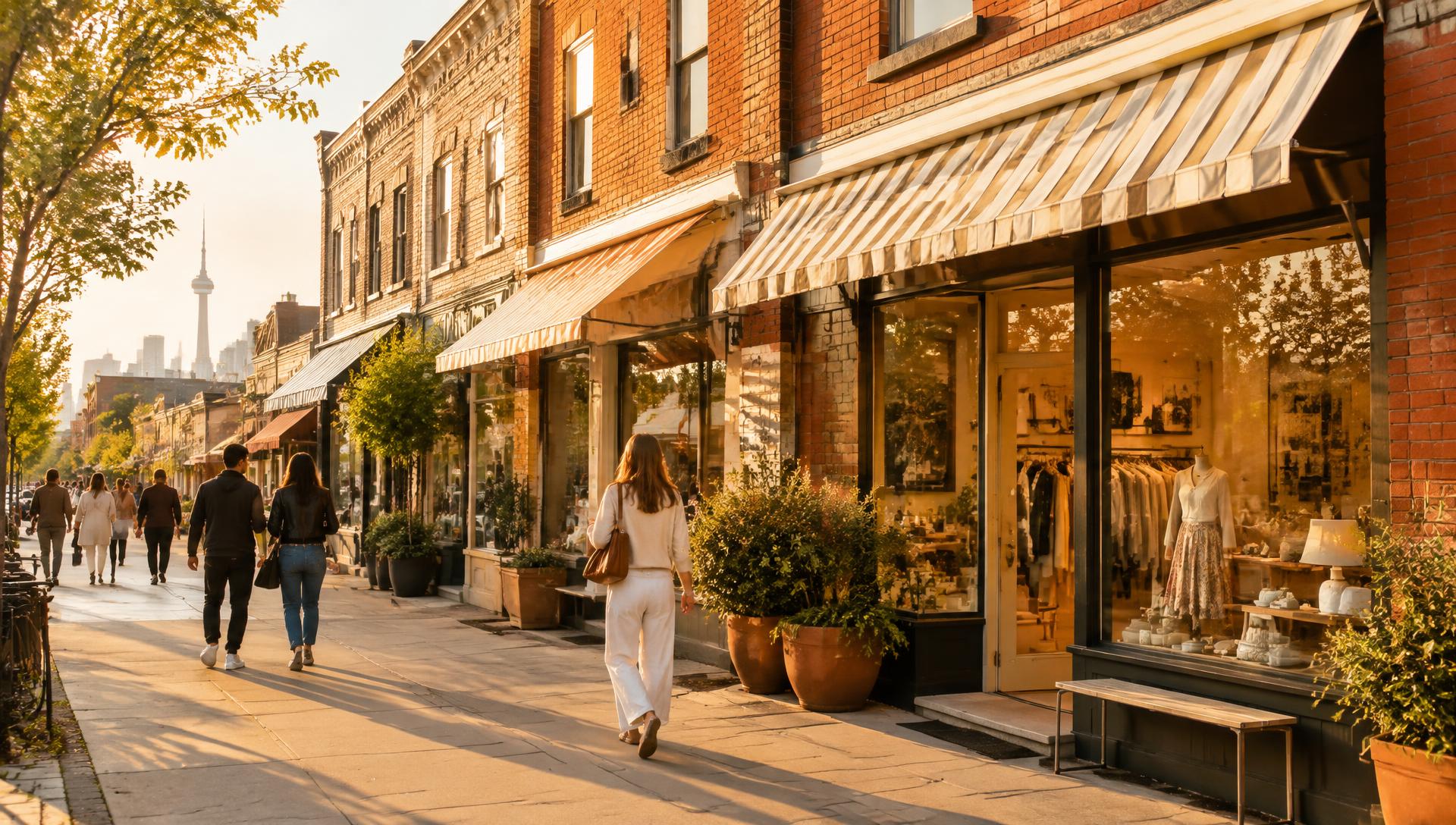 Sunlit Toronto main street with retail storefronts and awnings
